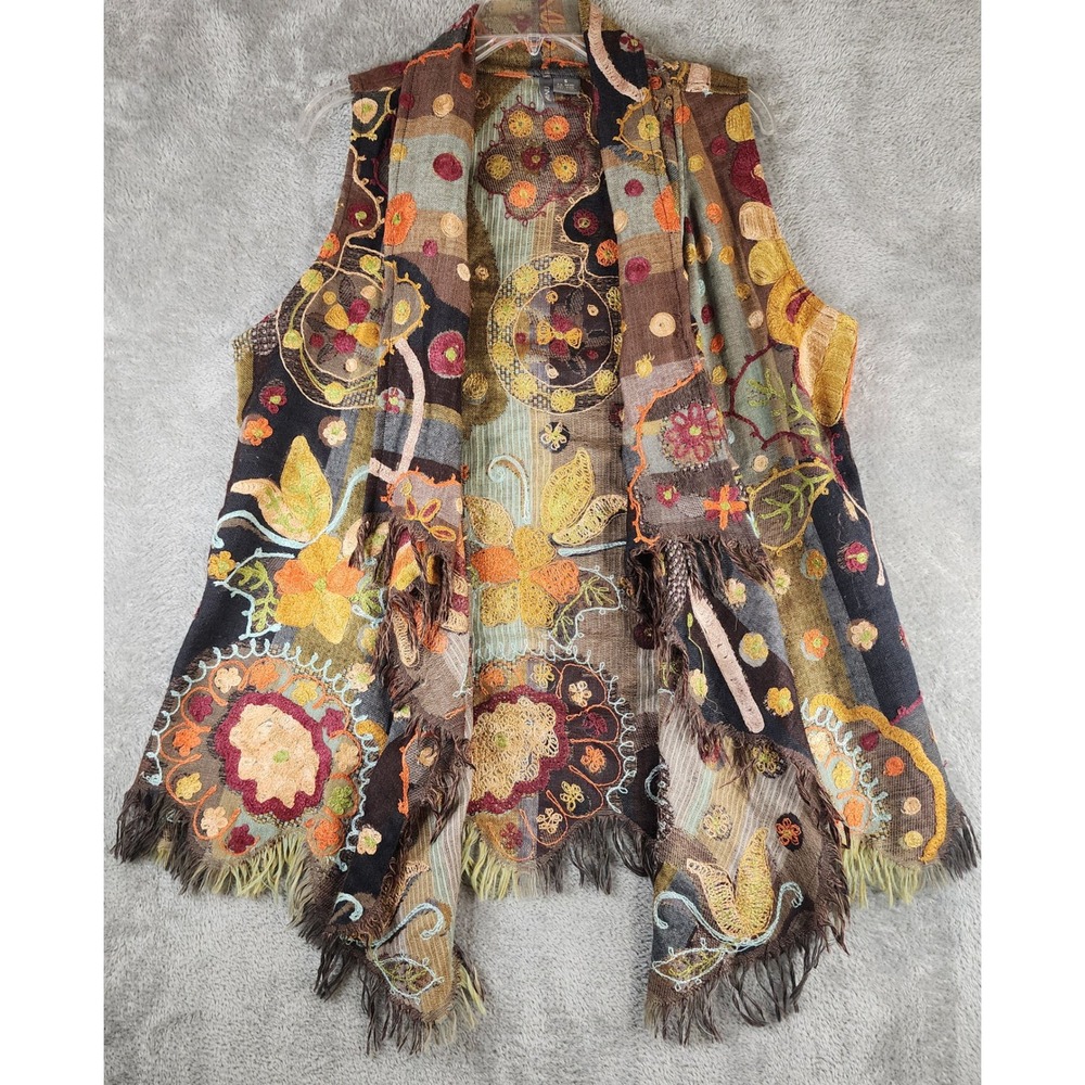 ANU Vest Womens Small Brown Multicolor Wool Embroidered Floral Fringe Open Front